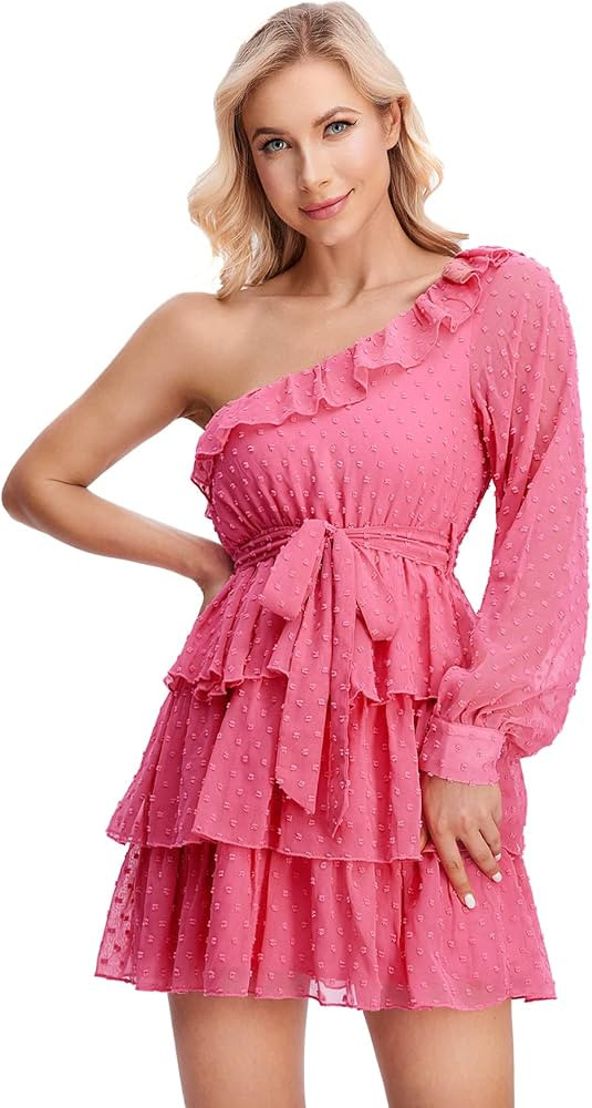 MakeMeChic Women's Swiss Dots One Shoulder Long Sleeve Layered Ruffle A Line Belted Short Dress | Amazon (US)