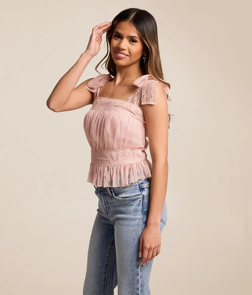 Pleated Mesh Peplum Tank Top | Buckle