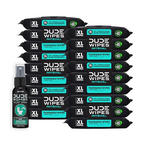 DUDE Wipes - Flushable Wipes with DUDE Bombs Toilet Spray - 18 Pack, 864 Wipes + 1 Spray Bottle - Mint Chill Extra-Large Adult Wet Wipes with Eucalyptus & Tea Tree Oil - Forest Fresh Stank Eliminator | Amazon (US)