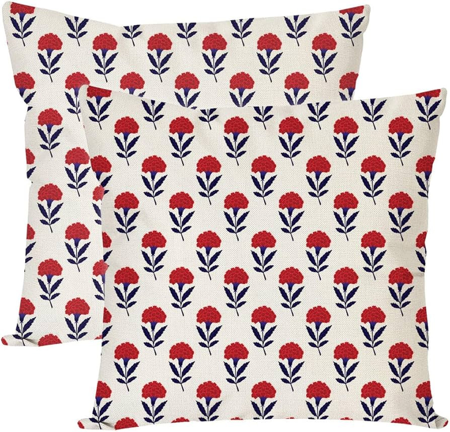 Block Print Throw Pillow Covers 18x18 Inch Set of 2 Blue and Red Vintage Floral Boho Outdoor Farm... | Amazon (US)