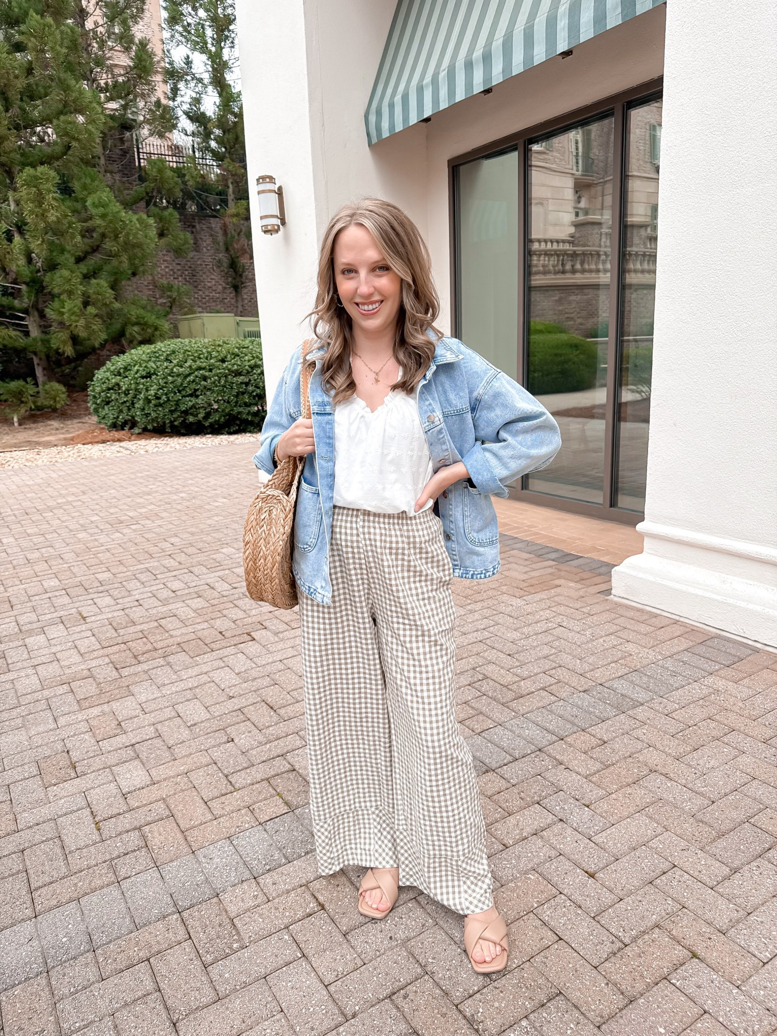 Casual spring outfit, gingham pants styling, jean jacket outfit 
Wearing a medium in pants and jacket and small in tank 

#LTKootd