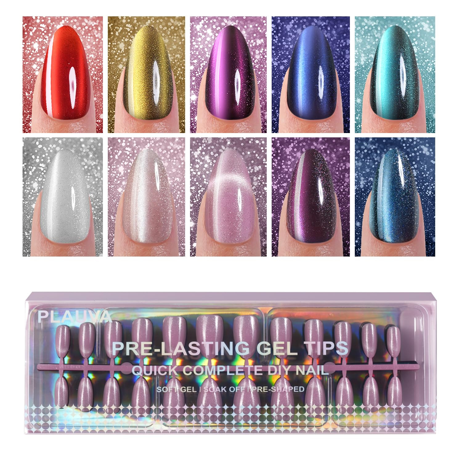 240Pcs Cat Eye Press on Nails Medium Almond, Plauva Soft Gel Fake Nails, Glossy Glitter Cat Eye N... | Amazon (US)