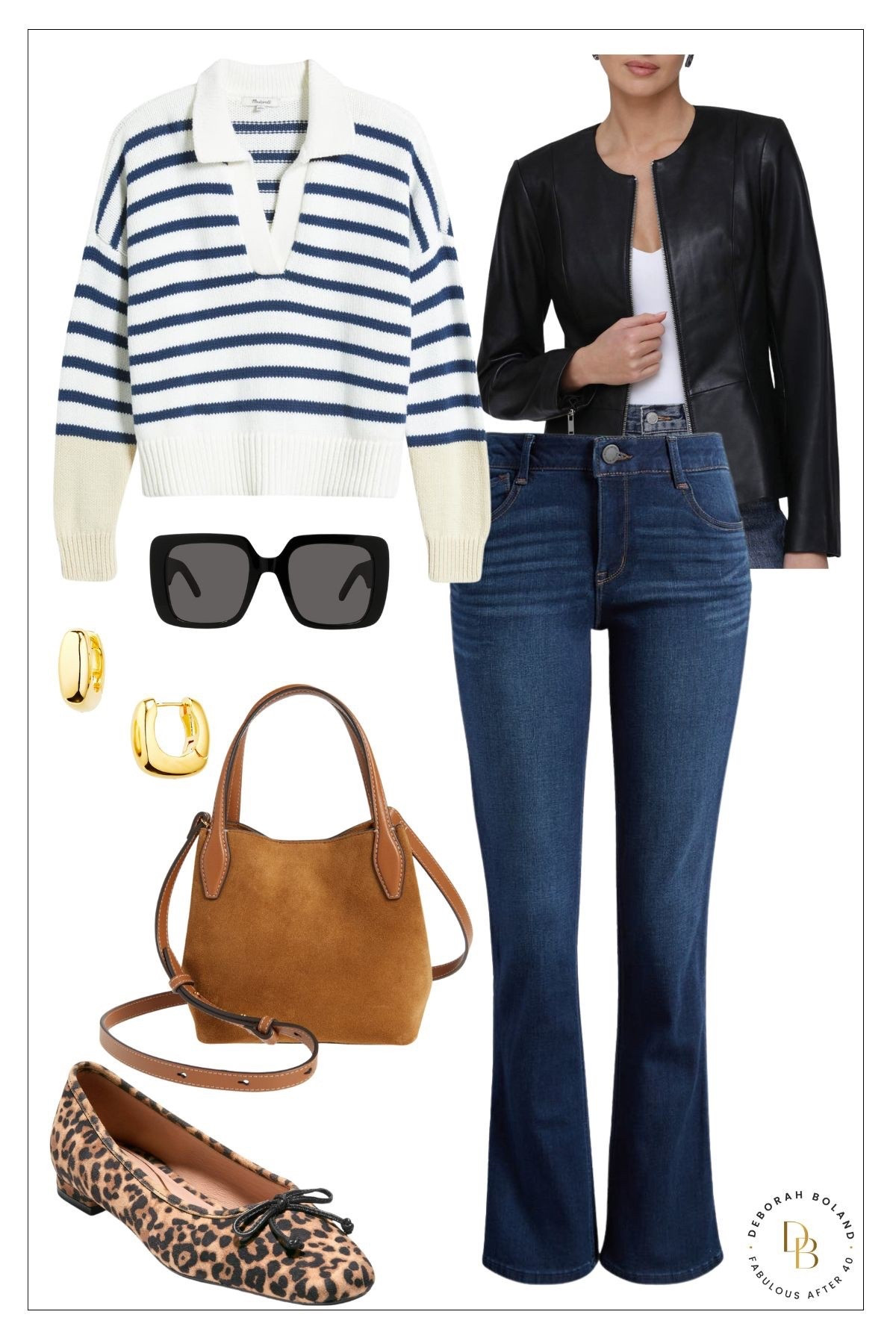 Classic with a twist 🐆💙
Loving this mix of timeless stripes, lived-in bootcut denim, and edgy leather—finished with a pop of leopard and a soft suede camel bag for that effortless, everyday polish. This look is available at the Nordstrom Anniversary Sale don’t miss it! 
#StyleOver40 #ChicAndCasual #StripesAndLeather #LeopardLuxe #FallStyleFavorites 

#LTKSaleAlert #LTKSeasonal #LTKOver40