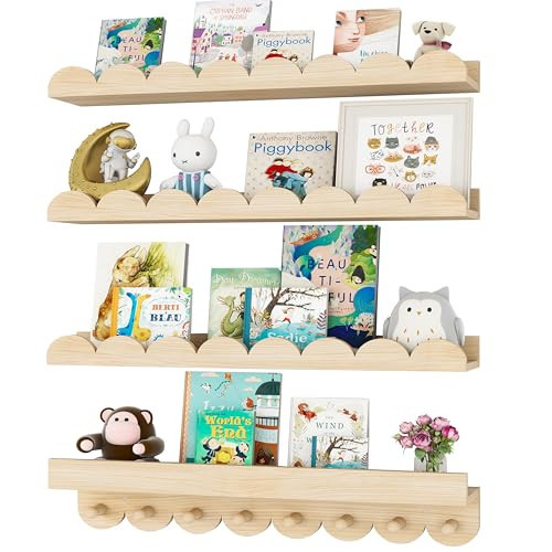 CLLASOU 24 Inch Nursery Book Shelves with Hooks, 4-Pack Floating Shelves for Wall, Scalloped Shelves, Wall Book Shelves for Kids Room, Toddler Room, Baby Room, Nursery Decor | Amazon (US)