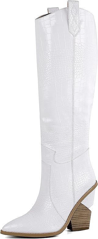 Amazon.com | SOPHITINA White Cowgirl Boots Womens Knee High Western White Boots Almond Round Toe ... | Amazon (US)