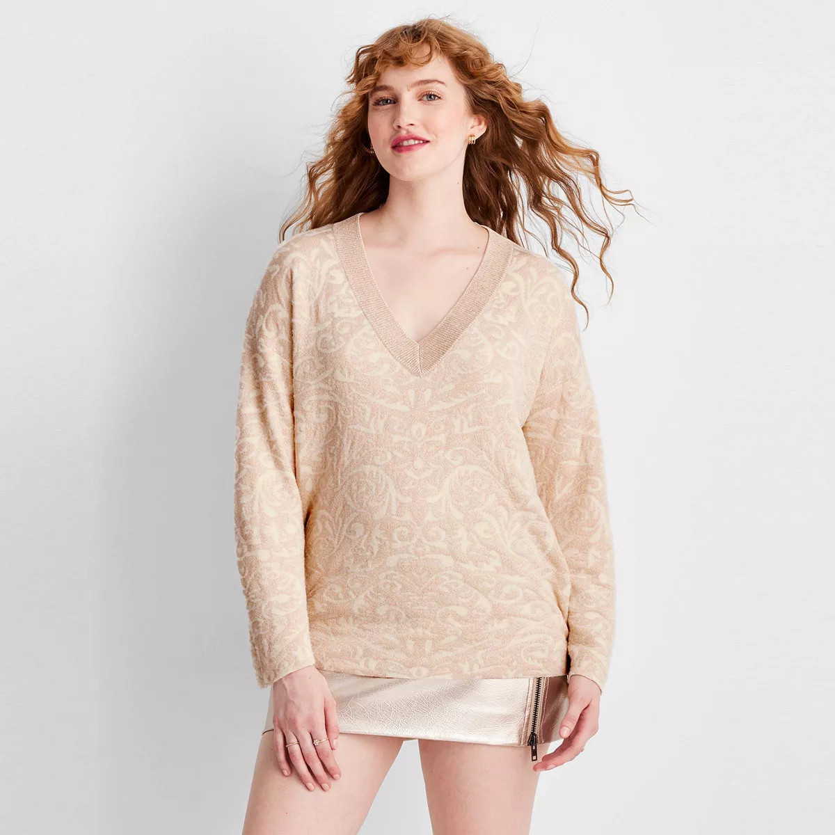 Women's V-Neck Brocade Sweater - Future Collective Cream | Target