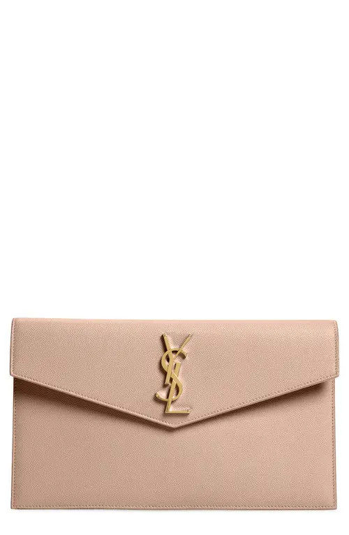 Saint Laurent Uptown Calfskin Leather Envelope Clutch in Dark Beige at Nordstrom | Nordstrom