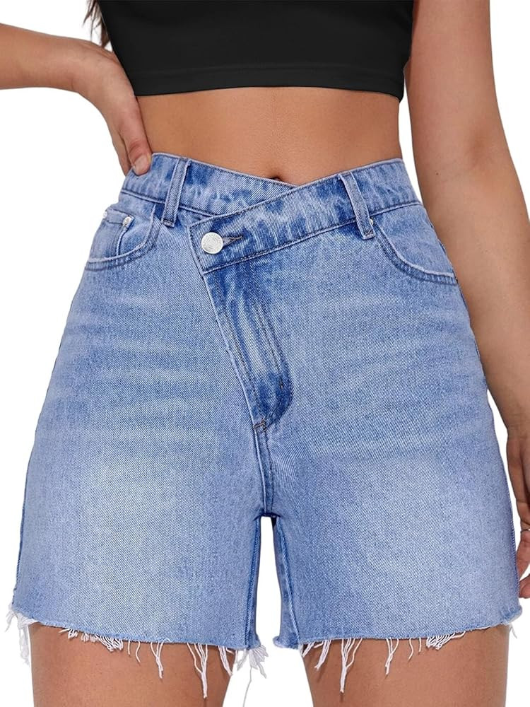 Women's Criss Crossover Jean Shorts, High Waisted Denim Shorts Frayed Raw Hem Asymmetrical Hot Sh... | Amazon (US)