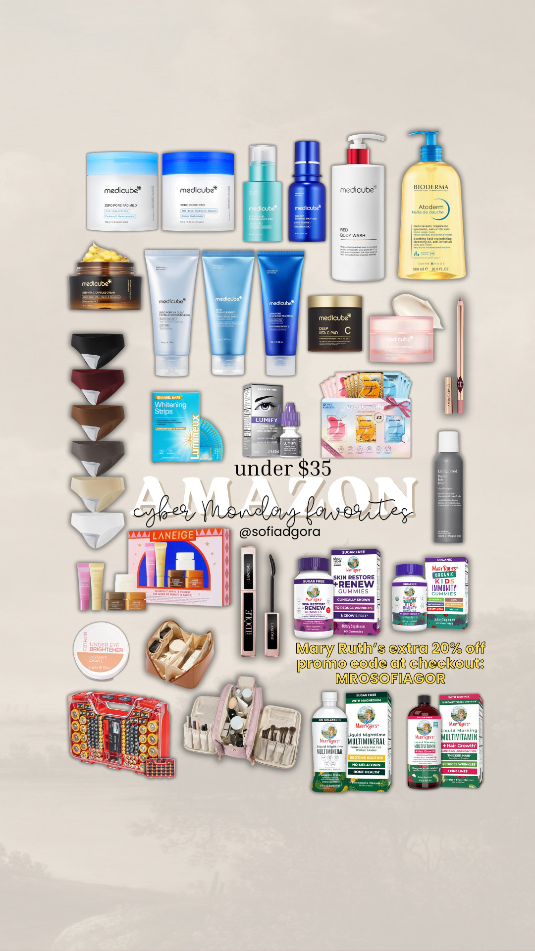 Cyber Monday Amazon Finds under $35 ⭐️
My most-loved affordable beauty, skincare & everyday favorites — all in one place! These are viral Amazon must-haves, budget-friendly gift ideas, and top-rated beauty essentials I use daily. Perfect for stocking stuffers, self-care, and holiday deals you don’t want to miss.

Amazon Cyber Monday beauty deals • affordable skincare • pore care essentials • K-beauty favorites • winter hydrating skincare • drugstore beauty gems • holiday gift ideas • trendy Amazon finds • Amazon home favorites • mom must-haves • travel organizers • makeup bag essentials • white strips • brightening eye drops • lip care • mascara favorites • body wash • dry skin picks • best under-$35 deals • Cyber Monday Amazon sale

Mary Ruth’s vitamins + wellness
extra 20% off with code MROSOFIAGOR or MROSOFGORA

Shop all products here 🤍👇 

 #LTKCyberWeek #LTKGiftGuide #LTKSaleAlert