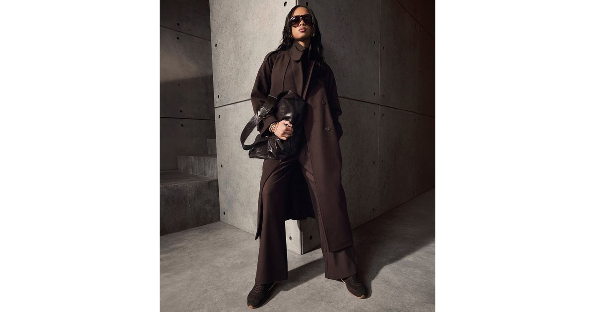 Women's Dark Brown Belted Double Breasted Funnel Neck Coat New Look | New Look (UK)