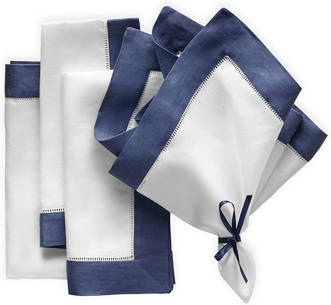 Linen Dinner Napkins – White and Navy Blue 20 x 20 inch, Set of 4 Luxe Linen Hemstitch Napkins ... | Amazon (US)