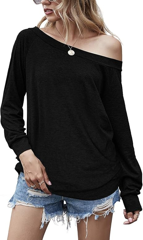 Aifer Womens Shirts Off Shoulder Tops Casual Short/Long Sleeve T Shirt Boat Neck Blouse Tops | Amazon (US)