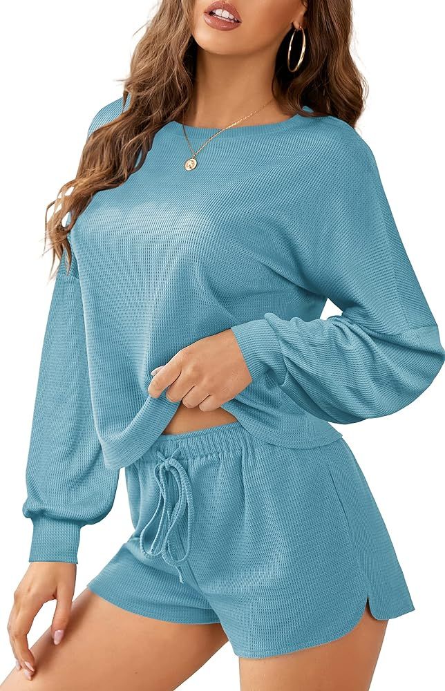 Aifer Women's Waffle Knit Pajama Set Short Sleeve Top and Shorts Jogging Suit Loungewear Athletic Tr | Amazon (US)