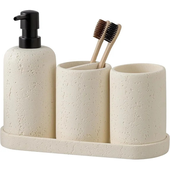 Bathroom Accessories Set, 4 Piece Travertine Stone Look Collection, Modern Bath Organizer with So... | Walmart (US)