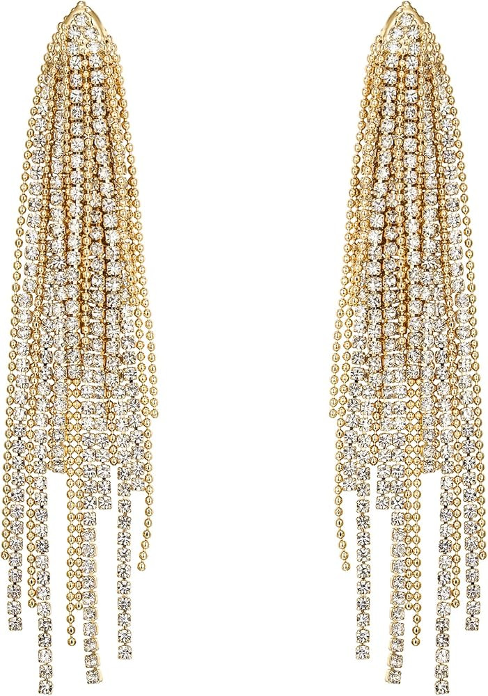 Flyonce Sparkly Rhinestone Chandelier Earrings, Wedding Bridal Crystal Statement Tassel Long Dang... | Amazon (US)