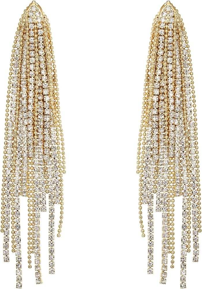 Flyonce Sparkly Rhinestone Chandelier Earrings, Wedding Bridal Crystal Statement Tassel Long Dang... | Amazon (US)