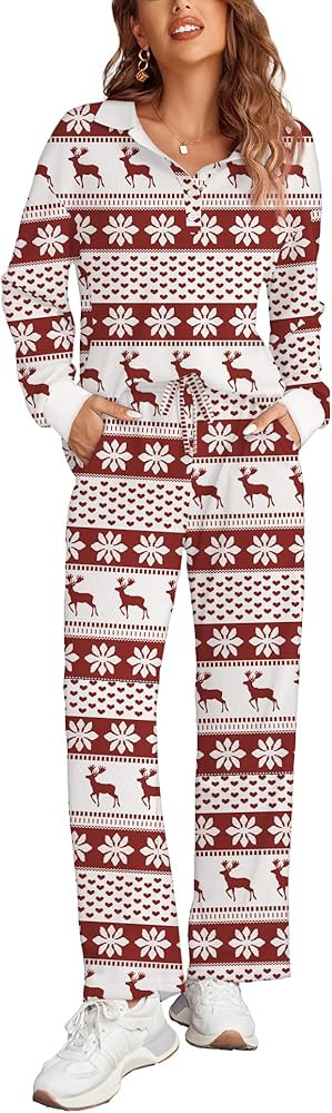 Ekouaer Waffle Knit Pajamas Set for Women 2 Piece Outfits Long Sleeve Button Top and Wide Leg Pan... | Amazon (US)