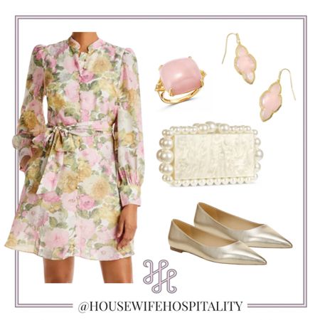 Feminine inspo party look. Light pastel florals dress with long sleeve dress, gold valet flats, pink jewlery. Zimmermann for less, pearl purse, statement jelwery  

#LTKunder100 #LTKstyletip #LTKworkwear