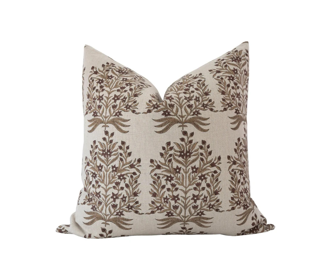 MARION  Block Print Linen Pillow Cover Brown Floral Pillow - Etsy | Etsy (US)