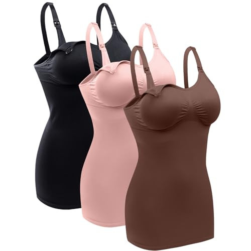 Womens Nursing Tank Tops Built in Bra for Breastfeeding Maternity Camisole Brasieres Color Black Brown Pink | Amazon (US)