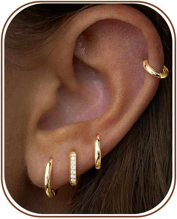 Small Gold Huggie Hoop Earrings Set for Women Men Hypoallergenic 14K Plated Stack Cartilage Earrings, Sterling Silver Multiple Piercing Lightweight Mini Thin Cute Dainty Trendy Jewelry Gifts for Women | Amazon (US)
