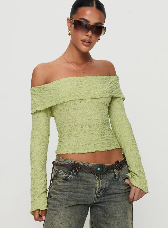 Back With Love Off Shoulder Long Sleeve Top Green | Princess Polly US