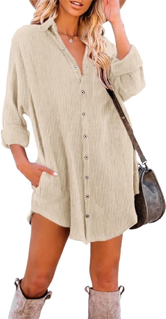 Dokotoo Women's Corduroy Long Sleeve Button Down Shirts Tunic Dresses with Pockets | Amazon (US)