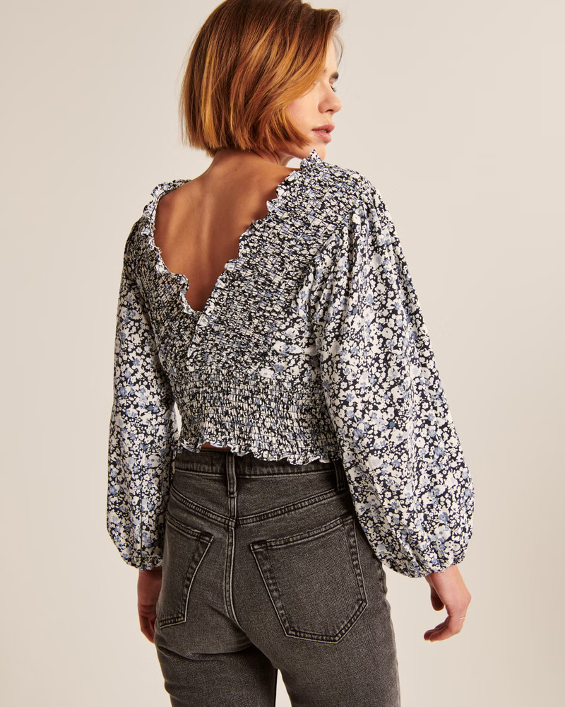 Long-Sleeve Smocked Puff Sleeve Wrap Top | Abercrombie & Fitch (US)