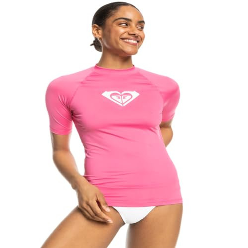Roxy Women's Whole Hearted Short Sleeve Rashguard – UPF 50+ Sun Protection Quick Dry Swim Shirt for Surfing and Outdoor Activities, Shocking Pink 241, Large | Amazon (US)