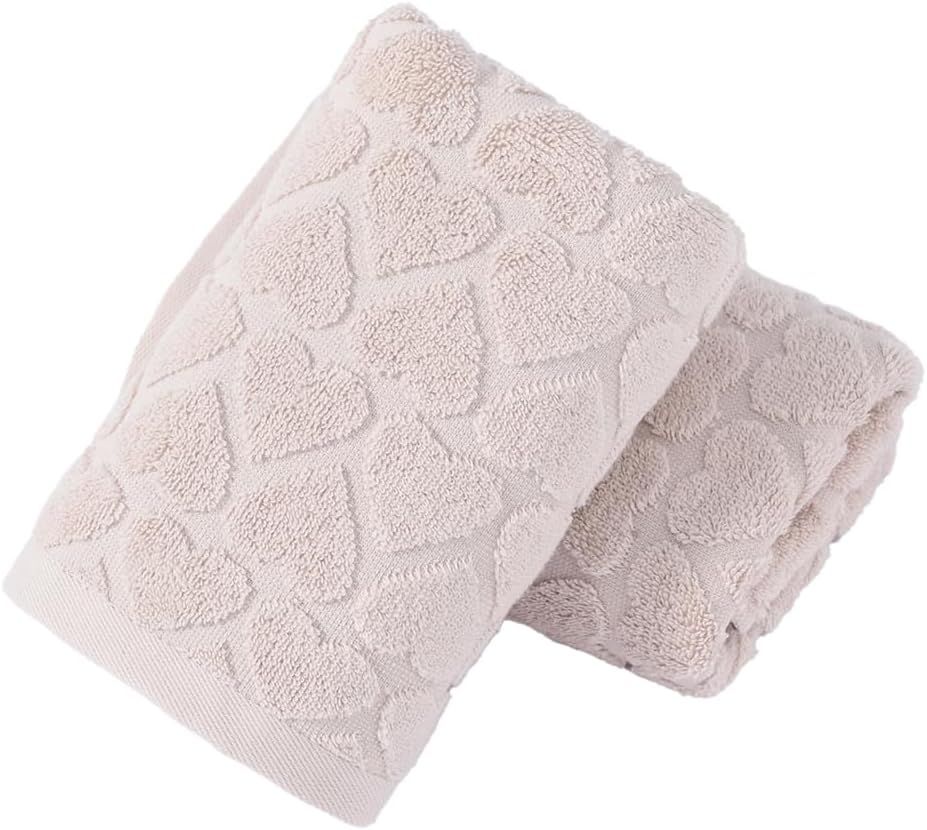 YiLUOMO Beige Embossed Full Hearts Pattern Hand Towel Set of 2 Super Soft 100% Cotton Absorbent D... | Amazon (US)