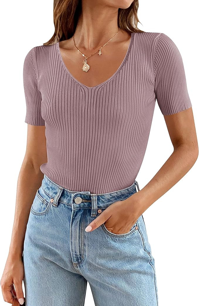 ZESICA Women's Short Sleeve V Neck T Shirts 2024 Summer Casual Ribbed Knit Slim Fit Solid Color B... | Amazon (US)