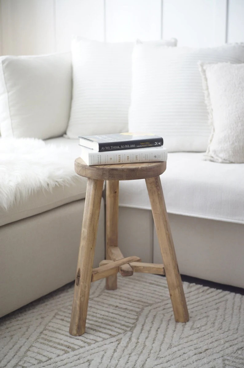 Vintage-style Round Stool Rustic Accent Piece Wood Decor Side Table - Etsy | Etsy (US)