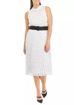KARL LAGERFELD PARIS Women's Sleeveless Mock Neck Pleated Dot Print Dress | Belk