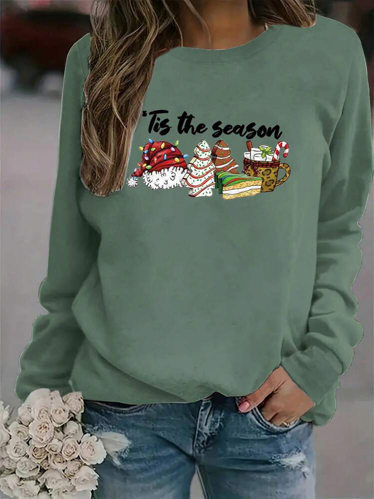 Christmas Theme Tis The Season Santa Claus Snowman Tree Cake Coffee Cup Sweatshirt Letter Print Large Size Crew Neck Sweatshirt Printed Sweatshirt | SHEIN