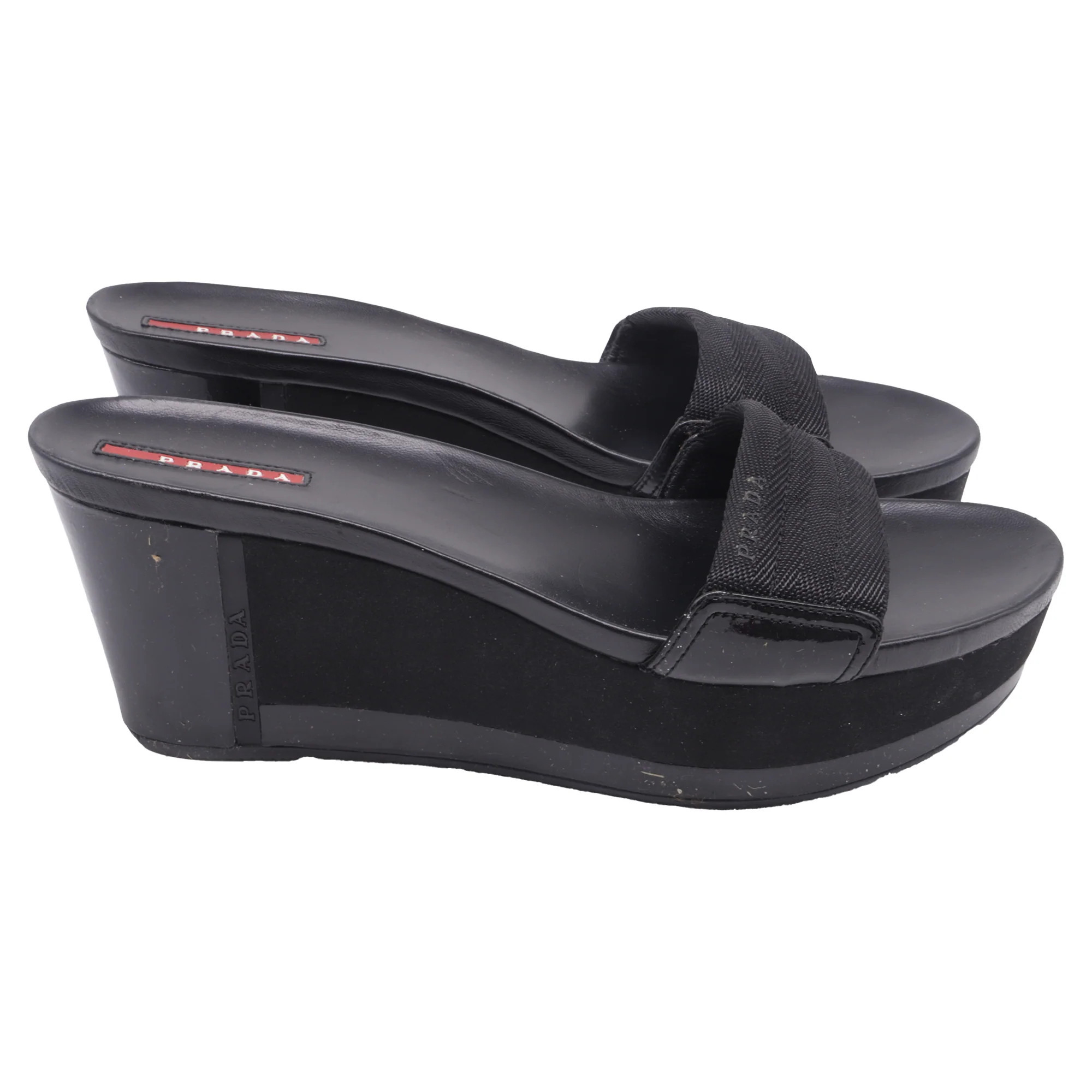 Prada Slip-On Wedge Sandals in Black Canvas | Shop Simon