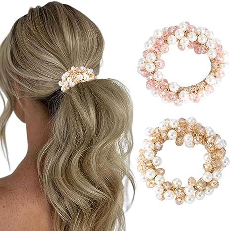 Brinie Pearl Hair Ties Rhinestone Ponytail Holder Pink Hair Ropes Elastic Bead Hair Band Stretchy... | Amazon (US)