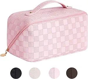 Large Capacity Cosmetic Bag Travel Makeup Bag for Women with Portable Handle, Opens Flat Multifun... | Amazon (US)