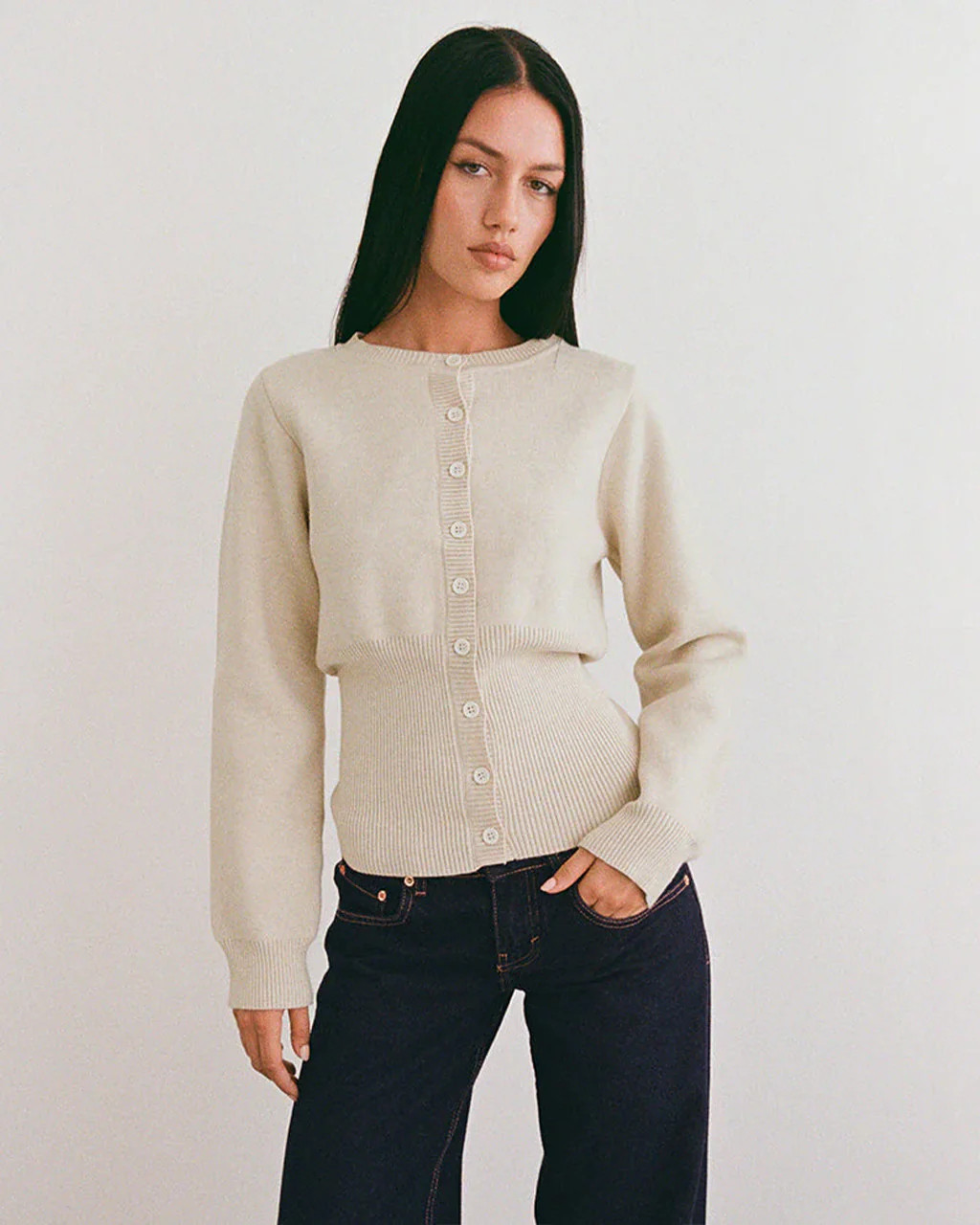 Subra Long Sleeve Ribbed Hem Cardigan - Ivory | ban.do