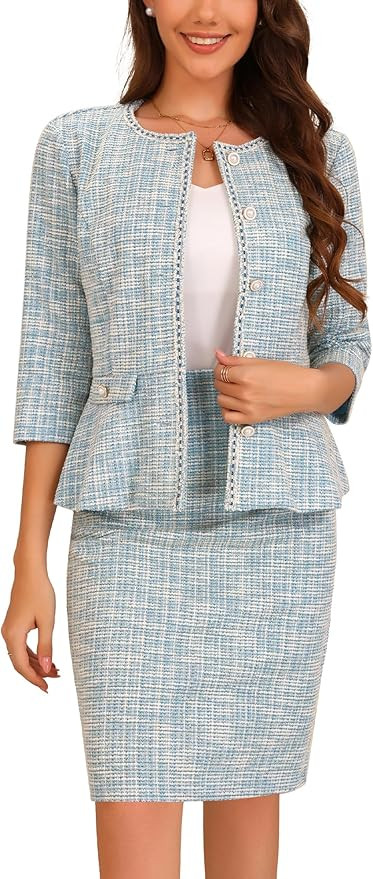 Allegra K Women's 2 Piece Tweed Skirt Set Suit 3/4 Sleeve Jacket Pencil Skirt Elegant Business Su... | Amazon (US)