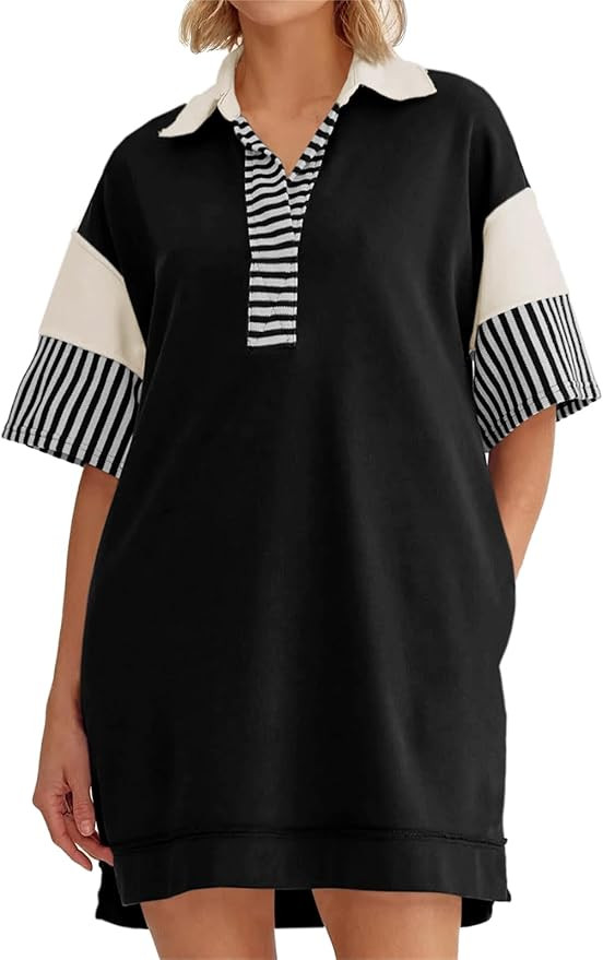 Wenrine Women's Polo V Neck T Shirt Dress Casual Summer Oversized Color Block Short Sleeve Sweats... | Amazon (US)