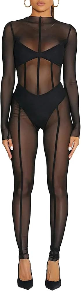 Bodycon See Through Jumpsuit for Women Sexy Leopard Print Pearl Buckle Off-Shoulder Rompers long ... | Amazon (US)