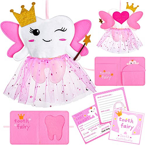Breling Tooth Pillow Kit for Girls Teeth Gifts Pillow with Pocket Including Lost Teeth Holder Cute Dear Tooth Notepad Felt Keepsake Wallet Pouch to Hold Card Photography for Kids (Pink) | Amazon (US)