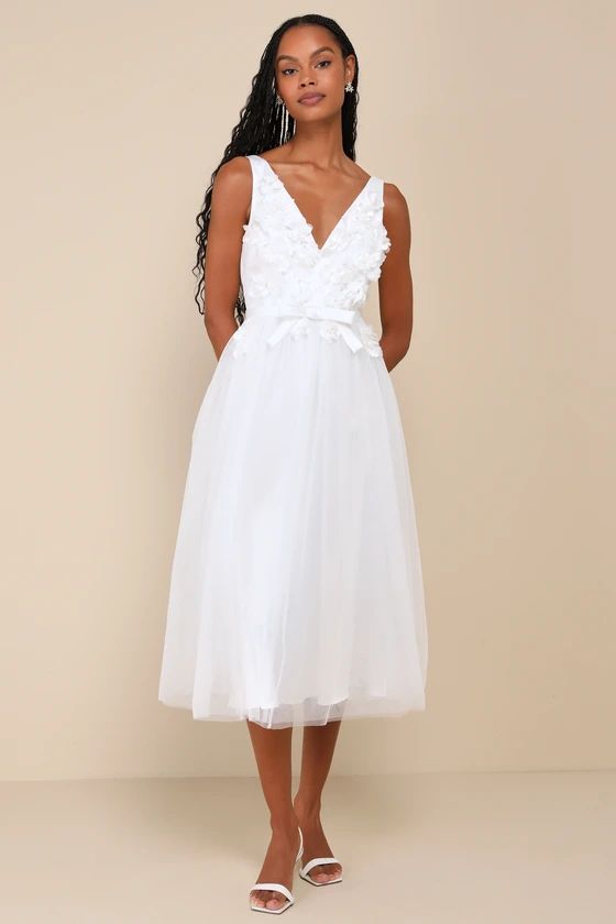 White Tulle Floral Applique Bow Midi Dress | All White Outfit | White Party Outfit | Lulus