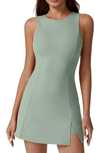 QINSEN Womens Crew Neck Tennis Dress Sleeveless Side Slit Golf Athletic Dress Build in Shorts wit... | Amazon (US)