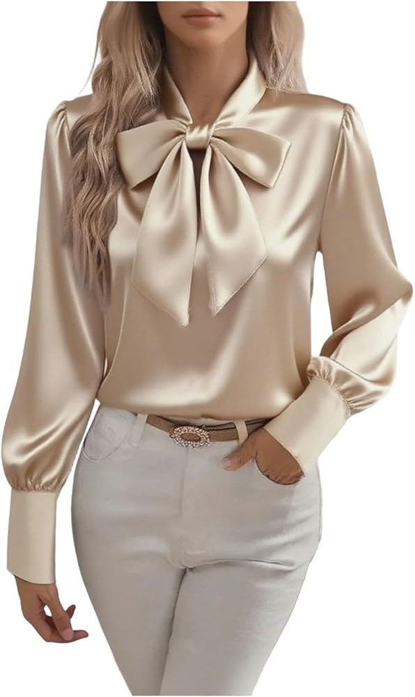 Women's Bow Tie Neck Satin Shirts Long Sleeve Elegant Silk Blouses Dressy Casual Business Work To... | Amazon (US)