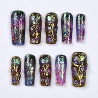 Cosmique Galaxy Press-On Nails - 3D Gold Accents, Iridescent Flakes & Cosmic Hues, Handmade Long Coffin For Futuristic Elegance | Etsy (US)