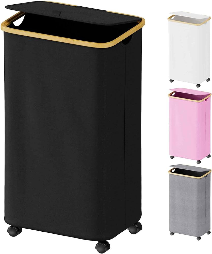 SUOCO Laundry Hamper on Wheels 100L, Clothes Basket with Lid and Bamboo Handles, Foldable Laundry... | Amazon (US)