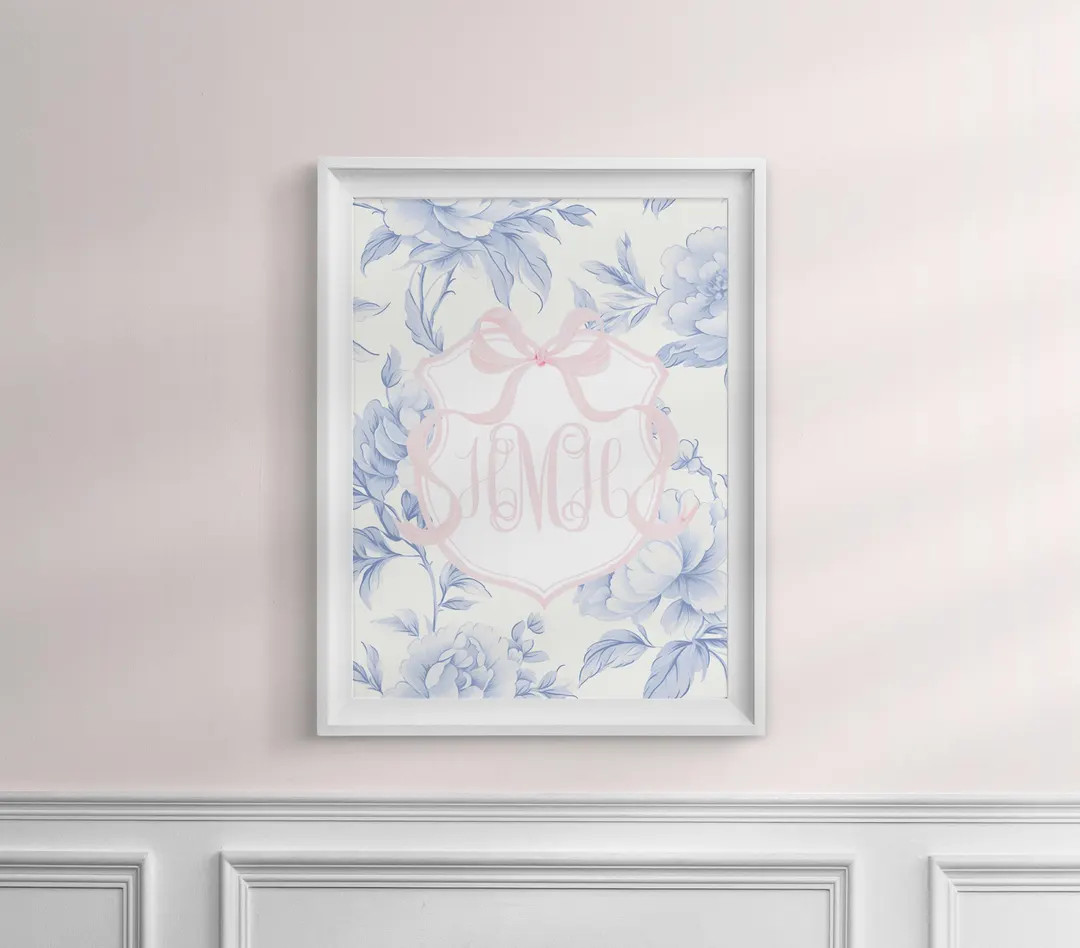 Grandmillennial Wall Art for Girls | Monogram Art | Blue Pink Nursery Wall Art Floral | Printable... | Etsy (US)
