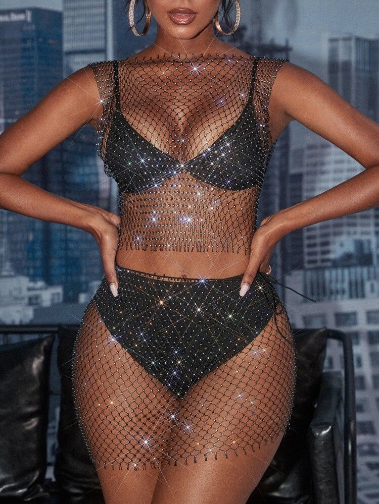 Rhinestone Beaded Fishnet Mesh Top and Skirt Set Without Lingerie | SHEIN