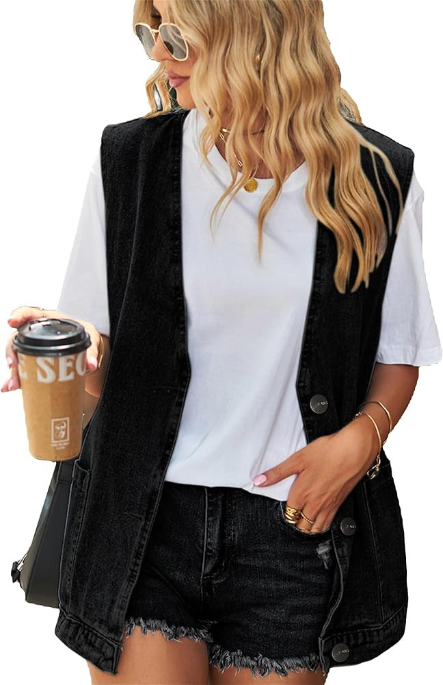 PAODIKUAI Women's Oversized Denim Vest Mid Long Jean Vest Sleeveless Jackets Distressed Vest Cott... | Amazon (US)